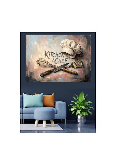 Kitchen Chef Şapkası Ve Bıçaklar Yağlı Boya Dokulu Kanvas Tablo Canvas Tablosu