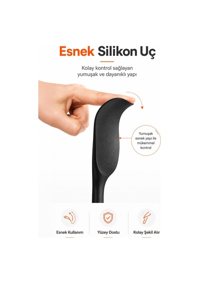 6'lı Siyah Silikon Mutfak Seti Yanmaz Yapışmaz Spatula Kaşık Fırça Pasta Hamur 20-27 cm