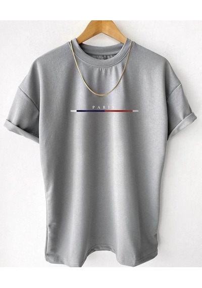 Hırsch Unisex Gri Bisiklet Yaka Çizgili Paris Baskılı T-shirt Gri