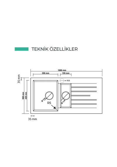 P005 Troya 1.5 Göz Damlalıklı Granit Evye 1000 500 Mm Krem İsimdebelirtilmiş