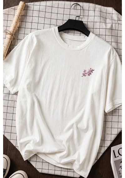 Spoyi Sakura Bloom Tasarımlı %100 Pamuk Yarım Oversize Beyaz T-shirt