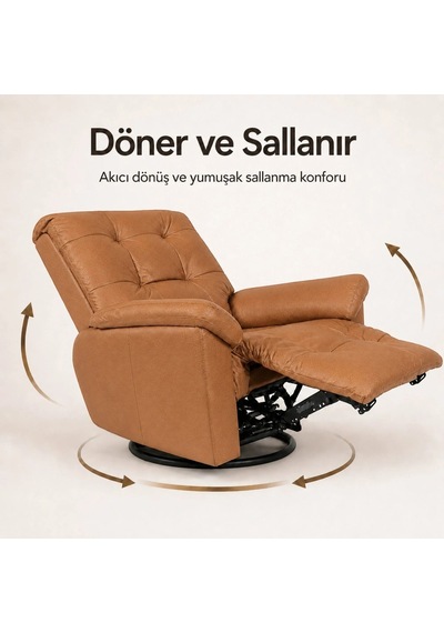 Smarto Relax Basel Elektrikli Masajlı Döner Sallanan Tv Koltuğu Kontrol Panelli Ergonomik Gerçek Deri Baba Koltuğu Açık Kahverengi