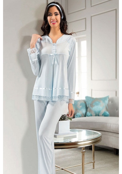 Xses 2190 Kadın Hamile Lohusa Sabahlıklı Pijama Takım-mavi