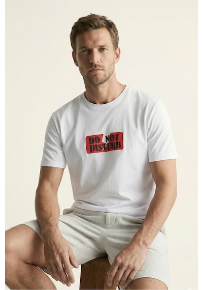 Elemge %100 Pamuk Pijama Üstü T-shirt Süprem Compact Penye Erkek Rahat Kalıp Beyaz Kısa Kol Do Not Disturb