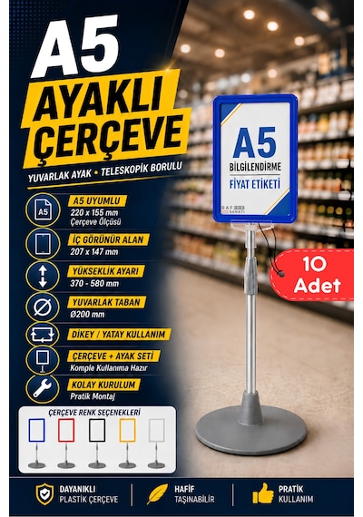 10 Adet - A5 Ayaklı Menü Ve Fiyat Bilgi Standı Yuvarlak Tabanlı Teleskopik Çerçeve Etiketlik Mavi