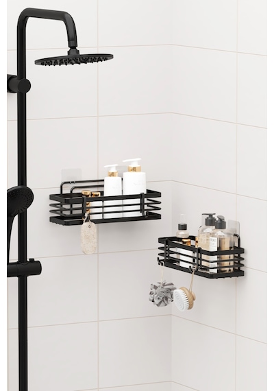 Yapışkanlı Lamalı Banyo Rafı Duş Şampuanlık Duvar Düzenleyici Organizer 2li Set Duş Rafı Organizeri Siyah