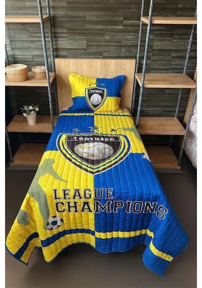 Football Tek Kişilik Kapitoneli Yatak Örtüsü Sarı Lacivert 180x240 Cm Sarı Lacivert