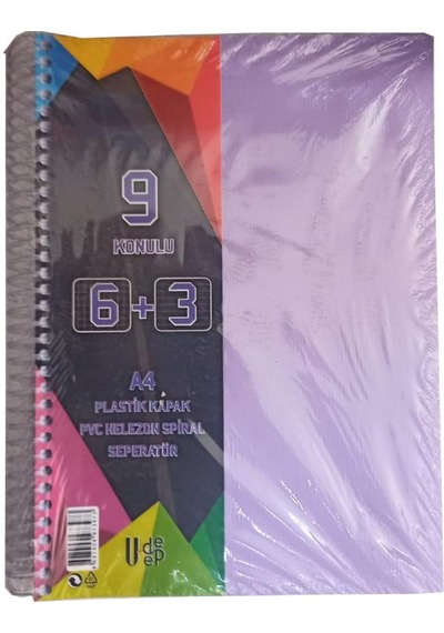 6+3 Ayraçlı Defter 9 Konulu 225 Yaprak 1 Adet 6 Kareli 3 Çizgili Spralli Plastik Kapak Seperatörlü Lila