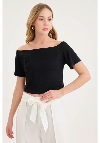 Vitrin Kayık Yaka Crop Bluz Siyah