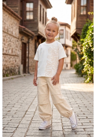 Aden Kids Bej Rengi Kaz Tüğü Kumaş Oversize Pantalon İle Kombin Alt Üst Takım Yeşil