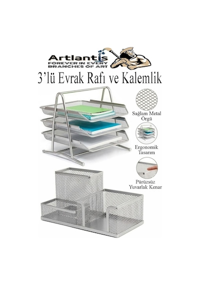 Gümüş Gri Metal Evrak Rafı 3 Lü Ve Masaüstü Kalemlik 1 Paket Masaüstü A4 Dosya 3 Katlı Düzenleyici Kağıt Tepsisi Metal Gümüş Gri
