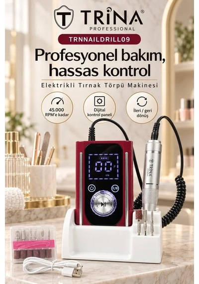 Trina Profesyonel Şarjlı Tırnak Törpü Makinesi Kırmızı Trnnaıldrıll09