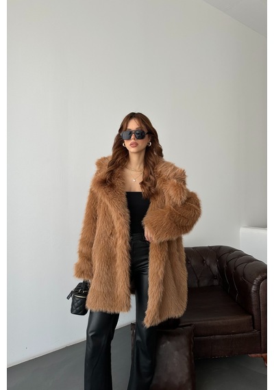 Myloore Kadın Taba Oversize Premium Kürk Kaban Mlb106