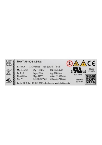 Festo Emmt-as-80-s-ls-rm Servo Motor 408w Güç, 6700 Rpm Hız