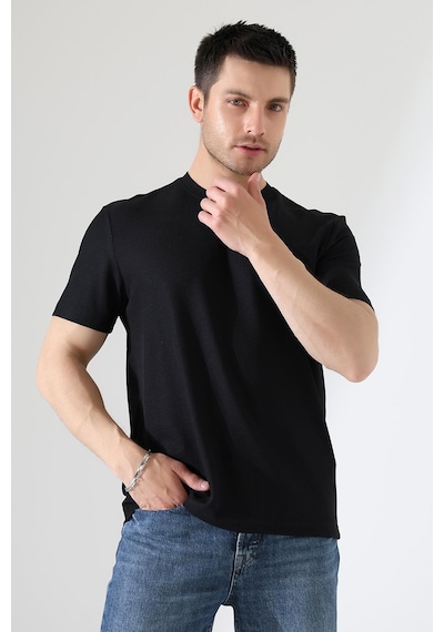 Erkek Fitilli Slim Fit Bisiklet Yaka Düz Renk T-shirt Siyah