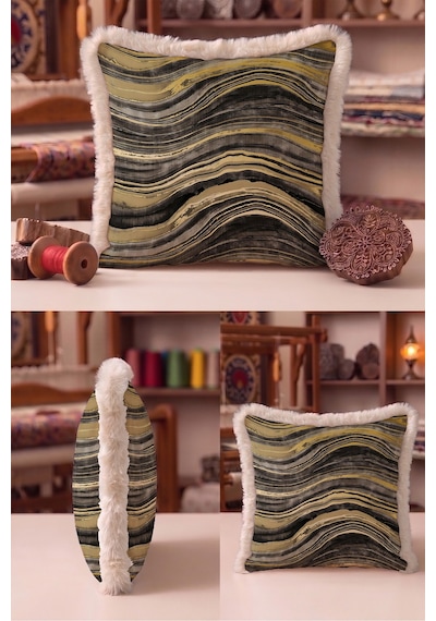 Mermer Motifli Soyut Saçaklı Yastık Kılıfı - Dalgalı Modern Gold Krem Püsküllü Kırlent Kılıfı Bej