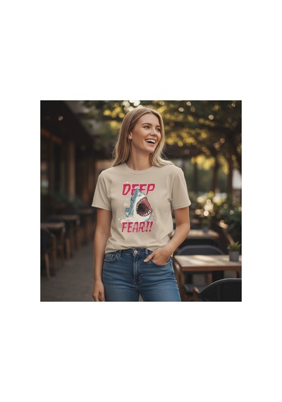 Urbantrendstore Unisex Deep Fear Köpekbalığı Tatil Oversize Fit Rahat Geniş Salaş T-shirt Günlük Tişört Bej