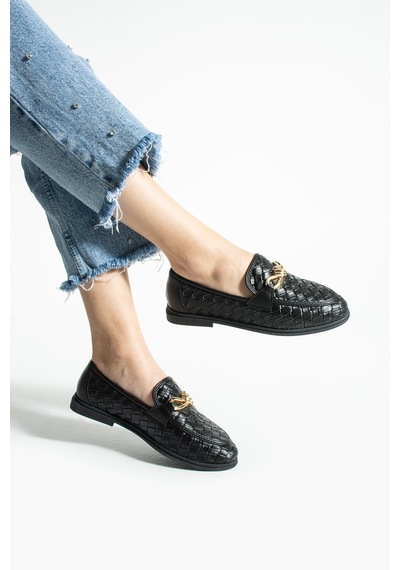 Lebibe Shoes Maby Kadın Siyah Örgü Dokulu Zincir Detaylı Loafer Düz Ayakkabı Babet