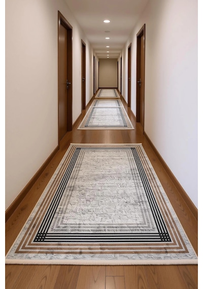 Blghome Renkli Çerçeveli Modern Halı Dekoratif Kilim Vizon