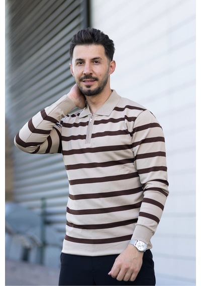 Hk Premium Kazak Fermuarlı Polo Yaka Çizgili Triko Sweatshirt Bej