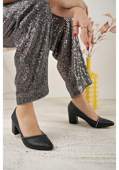 Nesilshoes Nesil Shoes Bln 414-2 Siyah Kalın Topuk Kadın Stiletto Siyah Nova