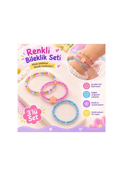 Renkli Boncuklu Çocuk Bileklik Seti - 3'lü, Çiçek Figürlü, Kız Çocuk Takı