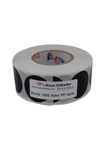 Pp Opak Daire Çap Etiketi Rulo Etiket, 30mm X 30mm Çap 1000 Adet, Yuvarlak Siyah Zemin Baskılı 1