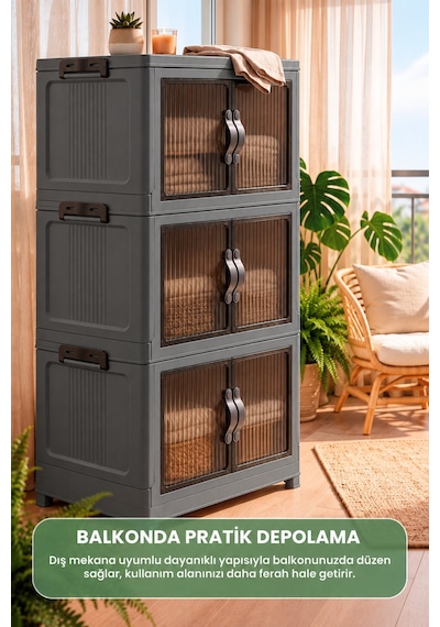 3 Katlı Portatif Organizer Dolap 120 Lt Gri