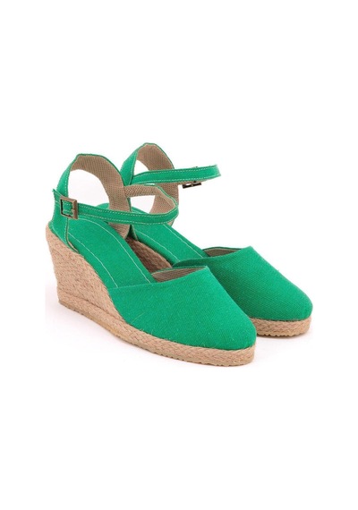 Star Tombis Gerçek Elişi Topuğu Açık Bilekten Bantlı Dolgu Topuk Keten Hasır Espadril Handmade Yeşil