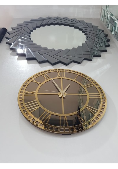 Ayna Denizi Golden Roma Bronze Model Altın Bronz Renk 50 CM Dekoratif Aynalı Duvar Saati Altın