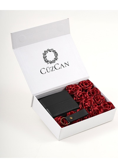 Premium Gift Rose Box - Frankfurt Siyah Hakiki Deri Cüzdan - Anahtarlık Ve Kırmızı Gül Kutusu Kırmızı