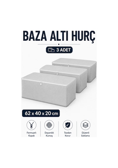 Hurç Seti Fermuarlı Baza Altı Hurcu Yorgan Battaniye Kıyafet Saklama Organizeri 3'lü Gri