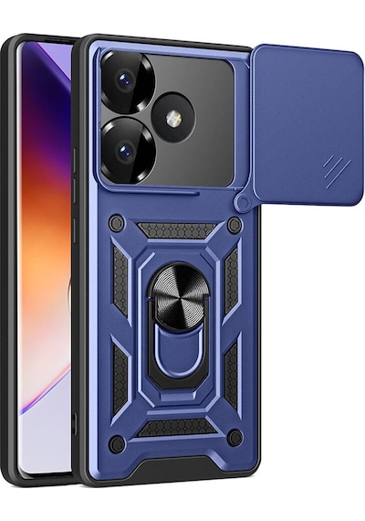 Xiaomi Poco F6 Kılıf Magnetik Standlı Kamera Korumalı Zore Sürgülü Vega Kapak Mavi