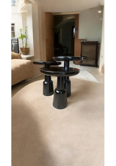 Simillo Wood Wooden Ahşap 3 Lü Set Ürgüp Mantar Yan Sehpa Modern Siyah Renk Fiskos Siyah