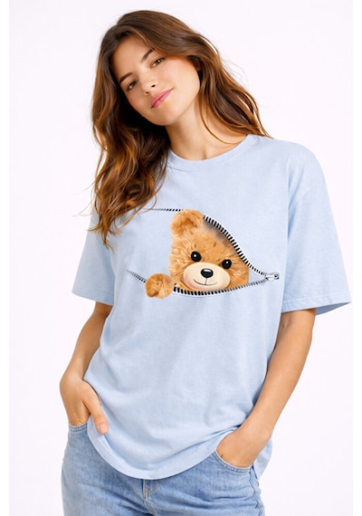 Fermuarlı Ayıcık Baskılı Kadın Tişört Oversize Sevimli Teddy Bear Mavi