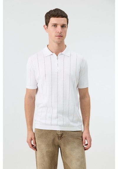 Antioch Fermuar Yaka Çizgili Triko Erkek T-shirt Beyaz