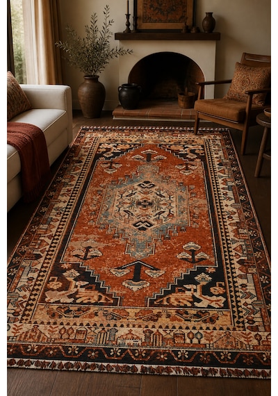 Narhan Kiremit Oturma Odası Salon Robot Süpürge Uyumlu Kolay Temizlenebilir Nostaljik Saçaklı Kilim Hali