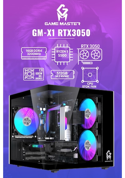Game Master GM-X1 R5-5500 16 GB 512 GB M.2 SSD 6 GB RTX3050 Free Dos Masaüstü Oyuncu Bilgisayarı