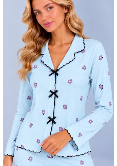Pijamask Kadın Desenli Fiyonk Detaylı Düğmeli Uzun Kollu Müslin Pijama Takımı Bebe Mavisi Pijamask Kadın Desenli Fiyonk Detaylı Düğmeli Uzun Kollu Müslin Pijama Takımı Bebe Mavisi