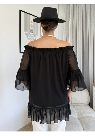 Lodmela Yaka Lastikli Şifon Bluz 6022-Siyah