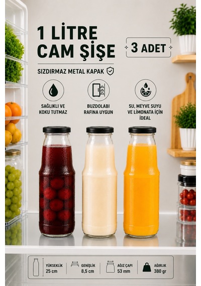 Rotanev Şeffaf Sürahi Süt, Ayran, Su, Limonata, Meşrubat Şişesi Metal Siyah Kapaklı Cam Şişe  3 Adet 1 Litre