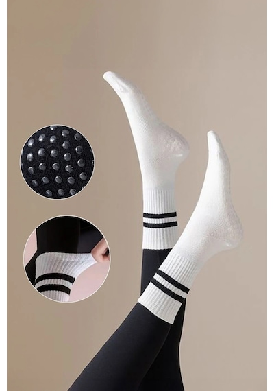 Saysez Bambu Kadın Beyaz Kaydırmaz Taban Silikon Baskı Pilates Yoga Fitness Dans Aktivite Tenis Çorabı 3'lü Renkli