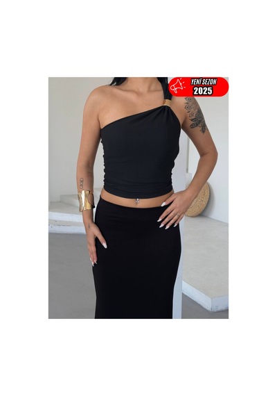 Stilvibe Tek Omuz Tokalı Sandy Bluz Siyah