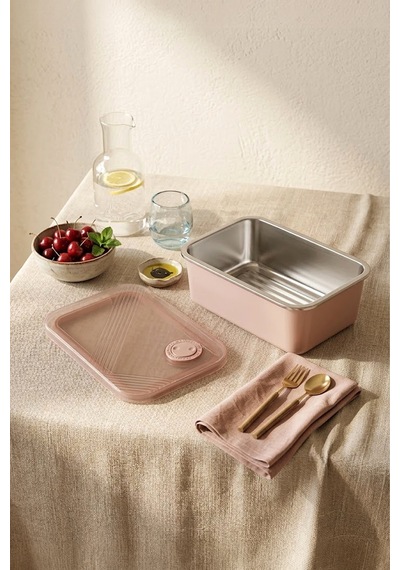 Stainless Paslanmaz Çelik Vakumlu Saklama Kabı,fırın Ve Kek Kabı 1,3lt Yemek Kabı Sefer Tası Pembe