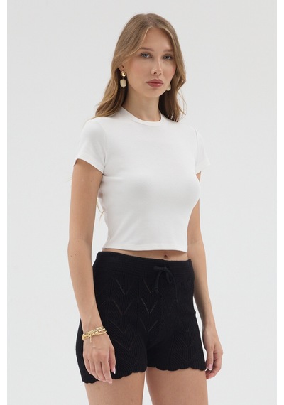 Urbantrendstore Kadın Bisiklet Yaka Likralı Kısa Kol Body Crop Bluz Günlük Şık Sade Yazlık Casual Crop Kadın Crop Beyaz