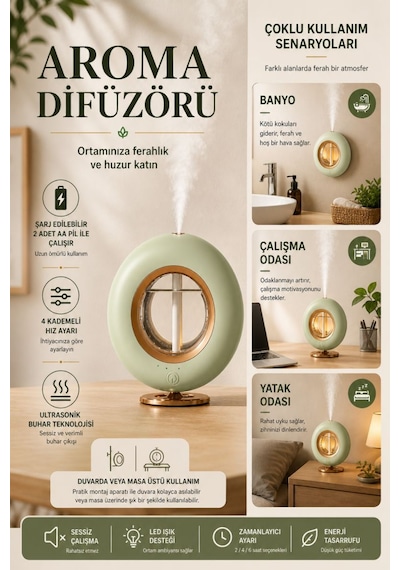 Ultrasonik Hava Nemlendirici Aroma Difüzör 120ml Usb Ve Pilli Çalışan Uygulama Kontrolü Zaman Ayarlı Krem