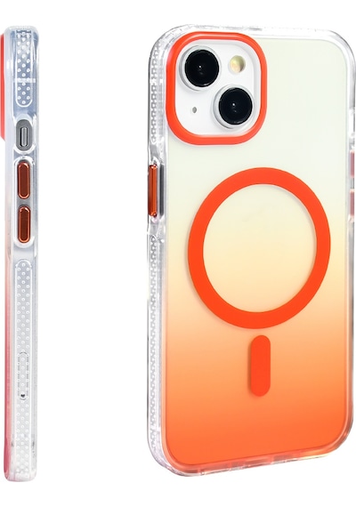 Apple Uyumlu iPhone 14 Kılıf Transparan Renk Geçişli M-safe Şarj Özellikli Toros Kapak Turuncu