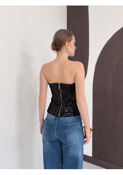 Verymoda Arkadan Fermuarlı Straplez Payet Bluz F2056 Siyah