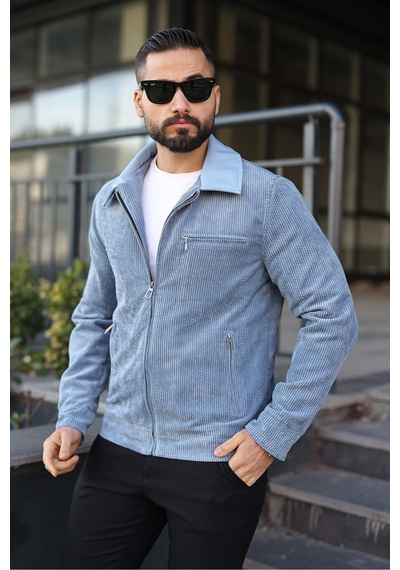 Vintage Kadife Deri Yaka Detaylı Ceket Mavi