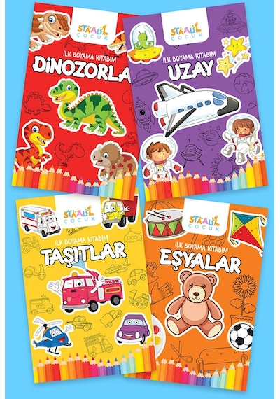İlk Boyama Kitabım - Eğlenceli Boyama Seti 2 - Uzay / Dinozorlar / Taşıtlar / Eşyalar
